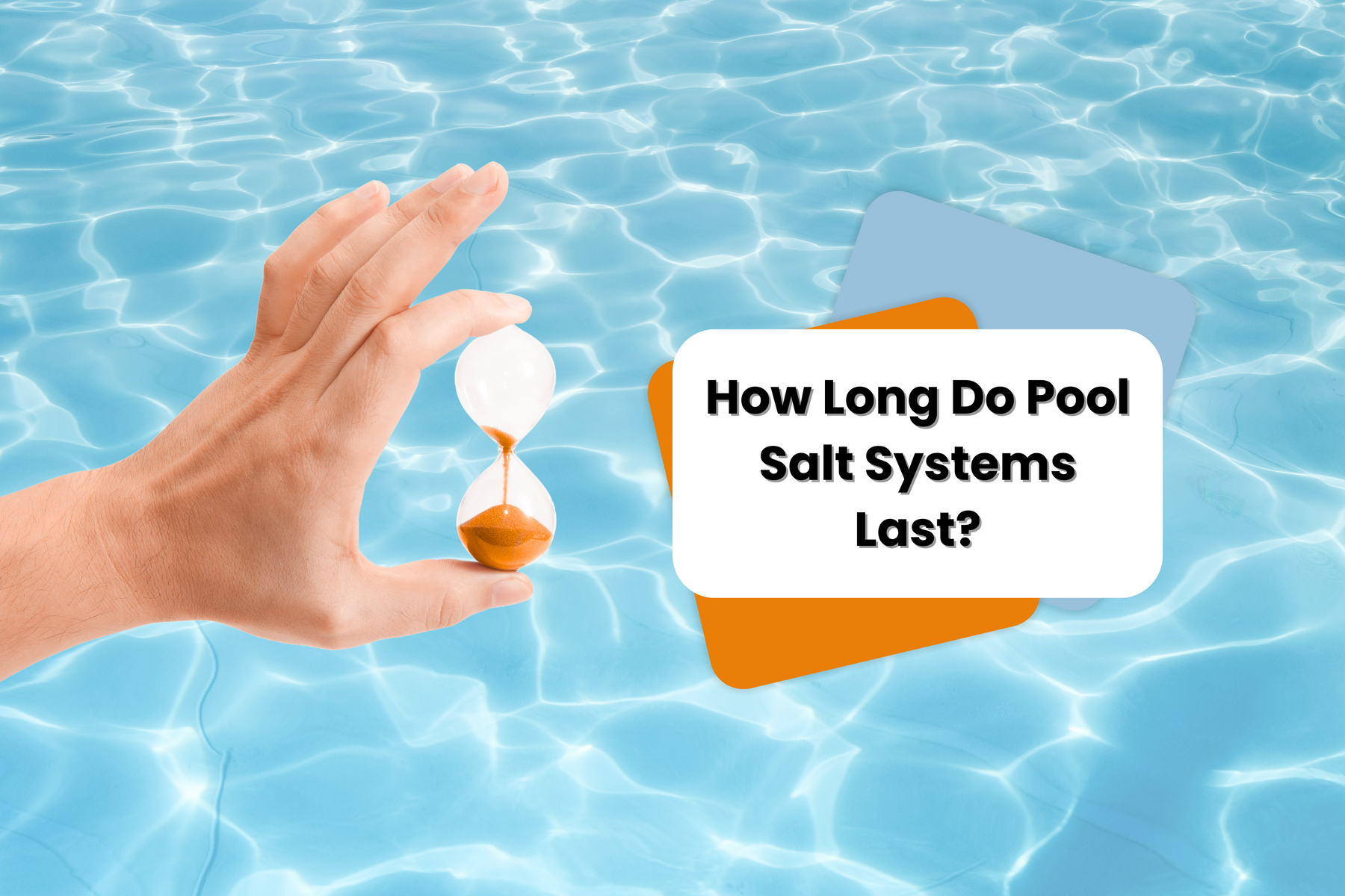 A hand holds an hourglass above shimmering blue water, posing the question "How Long Do Pool Salt Systems Last?".