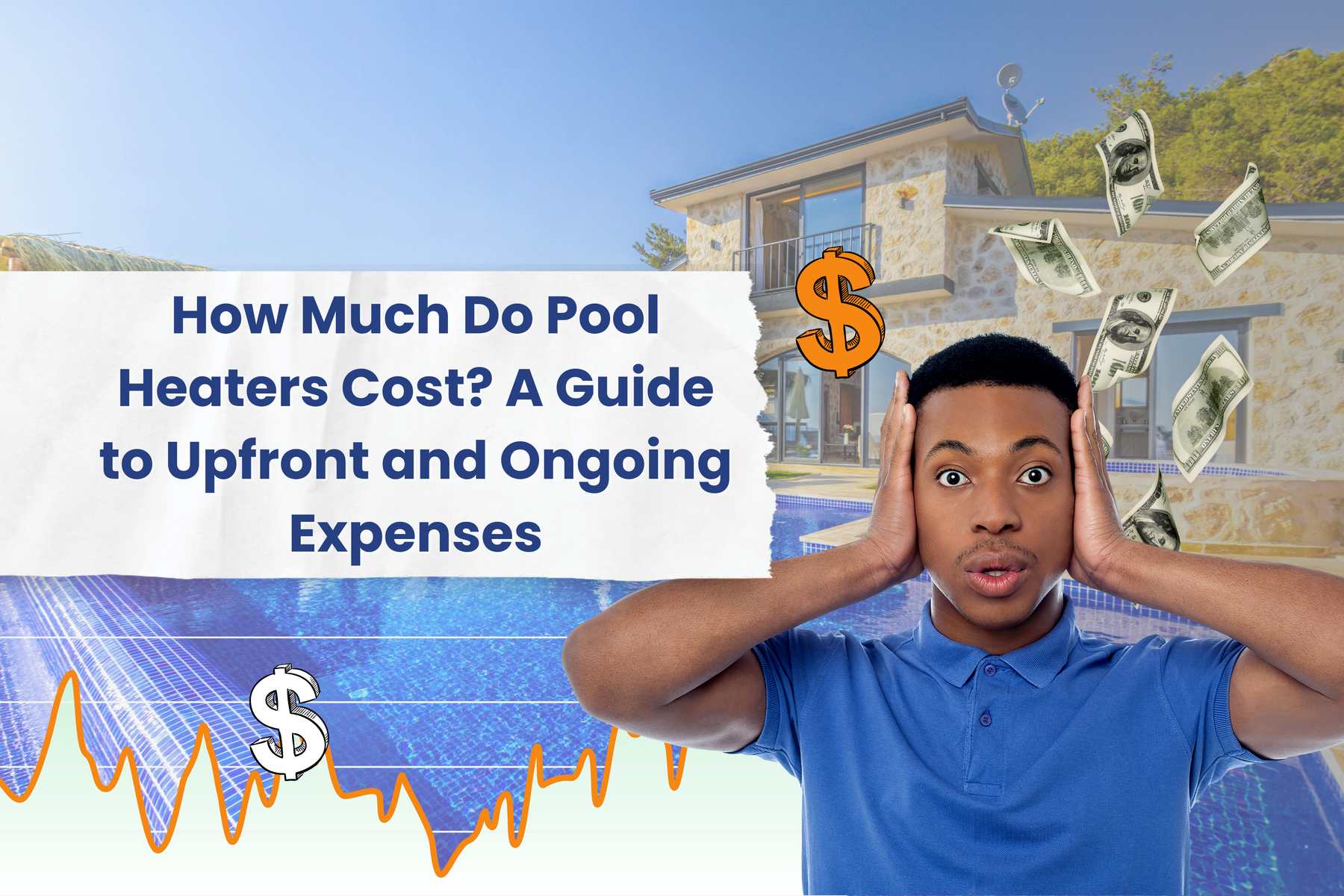 A man looks shocked with hands on his head as money floats around a house with a pool and financial charts.