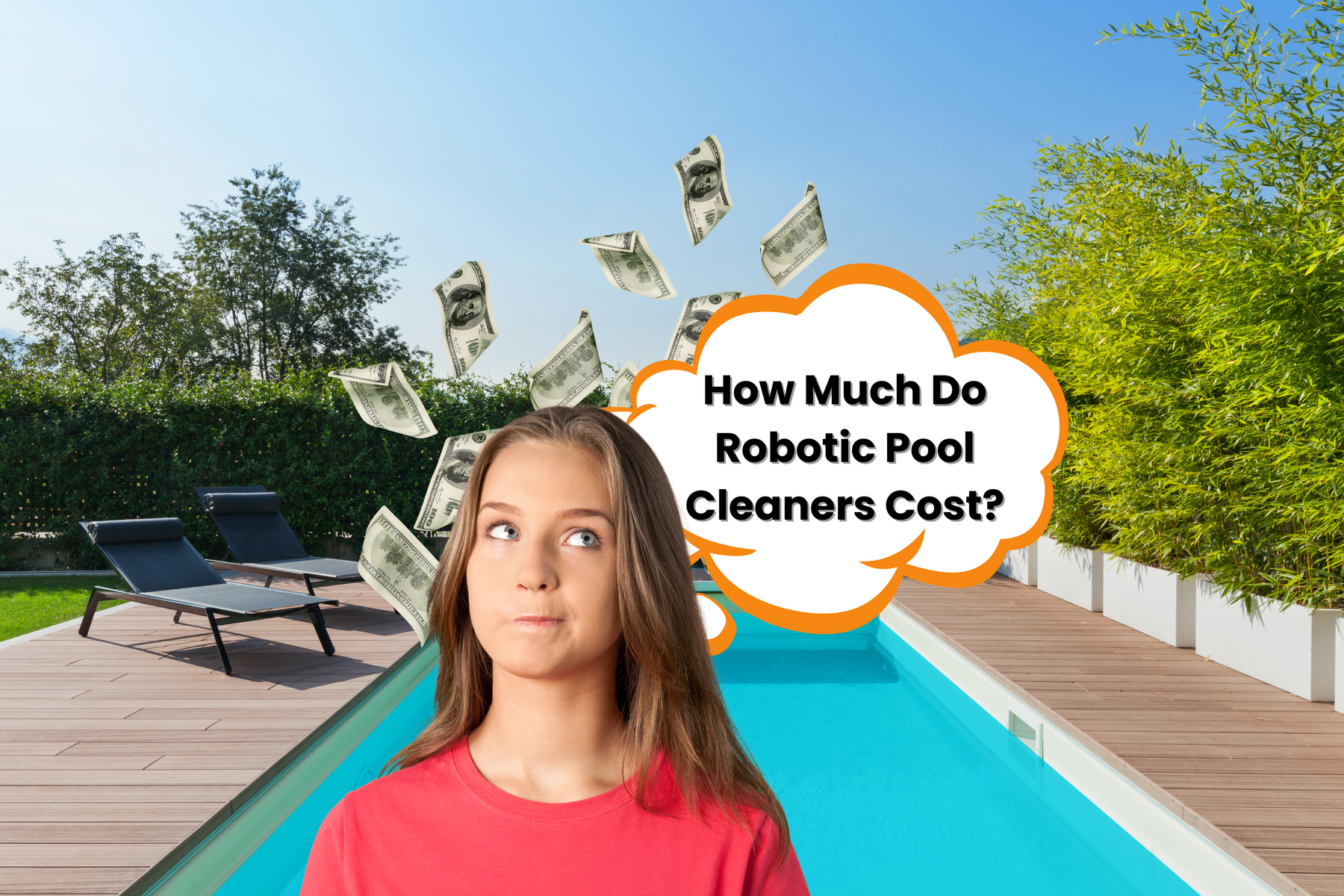 A thoughtful woman looks up, with money falling around her, questioning the cost of robotic pool cleaners.