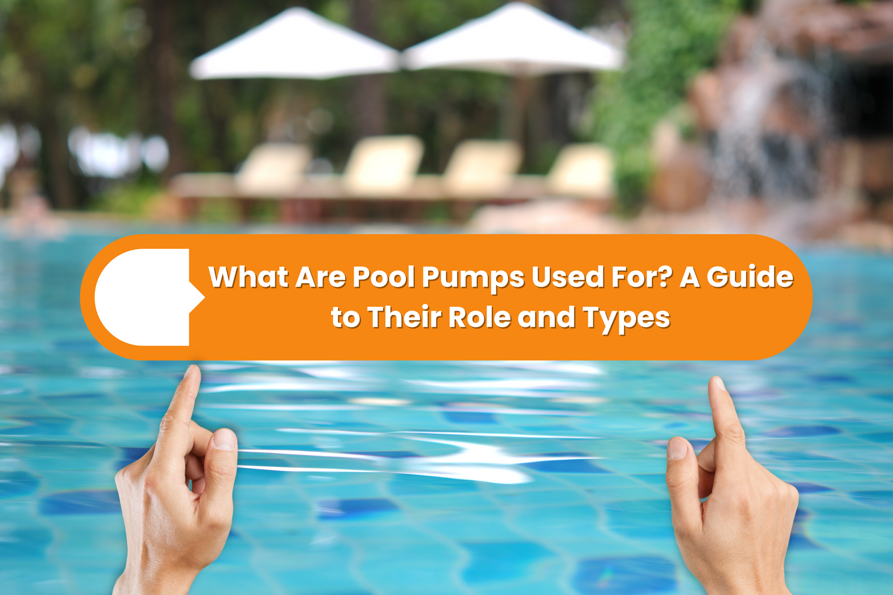 Two hands point upwards to an orange text box with white text: "What Are Pool Pumps Used For? A Guide to Their Role and Types".