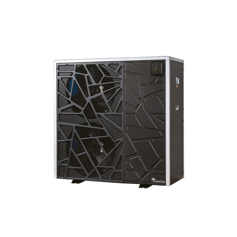 Black geometric-patterned pool heat pump on a white background