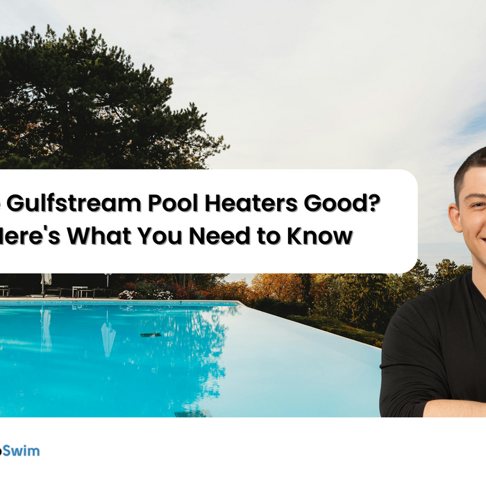 A smiling man with crossed arms stands by an infinity pool with trees in the background, asking "Are Gulfstream Pool Heaters Good?".