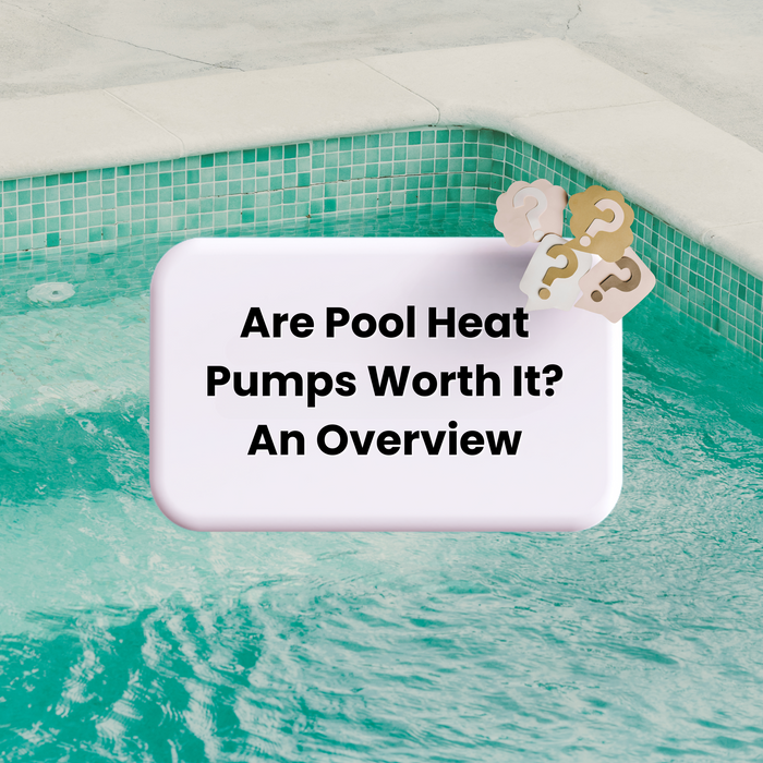A tiled swimming pool with a white thought bubble and question marks, asking "Are Pool Heat Pumps Worth It? An Overview".