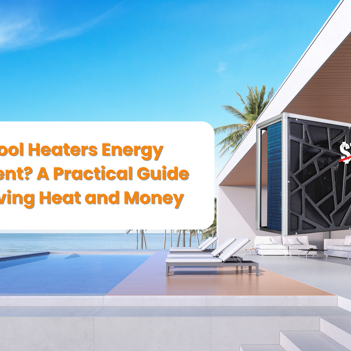 A poolside view of a modern house with a pool heater and a crossed-out "$10,000", asking "Are Pool Heaters Energy Efficient?".