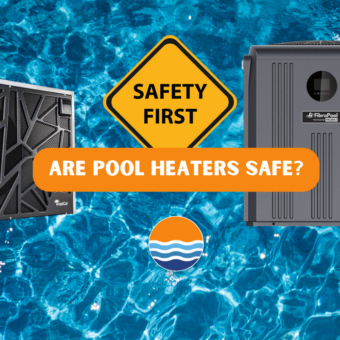 An abstract graphic with a blue background showing pool heaters and a safety sign with text asking "Are Pool Heaters Safe?"