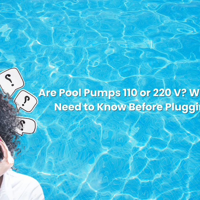 A pensive woman looks up at three question marks and a lightbulb icon, asking "Are Pool Pumps 110 or 220 V? What You Need to Know Before Plugging In".