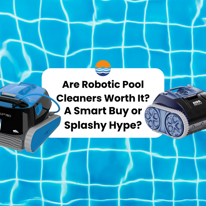 Two robotic pool cleaners float on blue water with a grid pattern, with text asking "Are Robotic Pool Cleaners Worth It? A Smart Buy or Splashy Hype?".