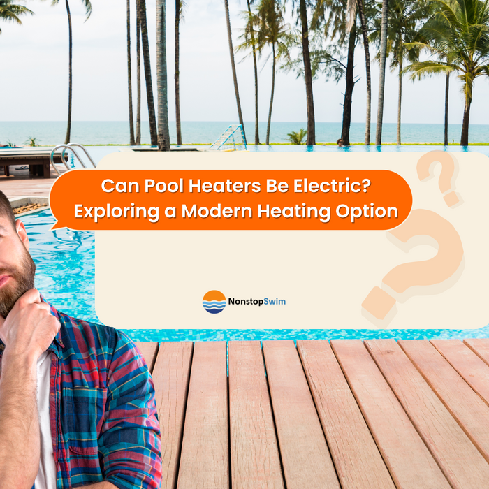 A pensive man with a beard stands in front of a tropical pool setting, with a large question mark and the question "Can Pool Heaters Be Electric?".