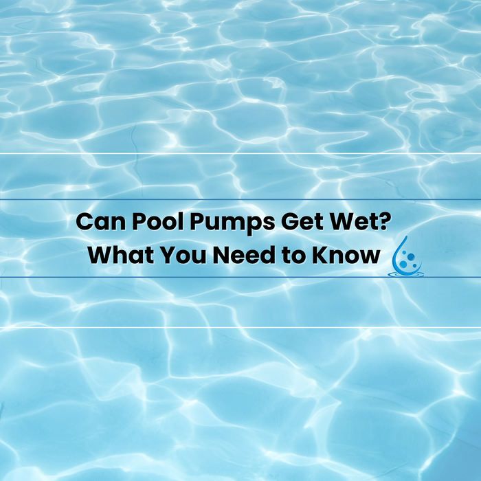 Text reading “Can Pool Pumps Get Wet? What You Need to Know” over a clear blue water background with a water droplet icon.