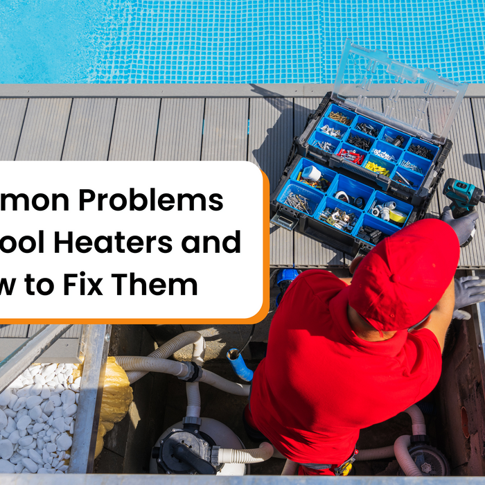 A person in a red shirt and hat works on pool heater plumbing, with a toolbox nearby, next to a pool.