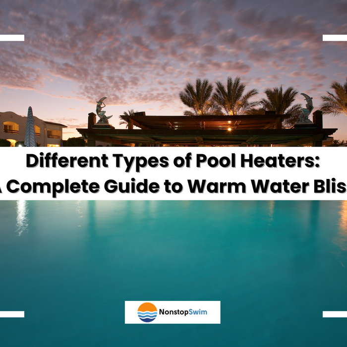 A serene pool scene at dusk with palm trees and buildings, framed by white brackets, and text about "Different Types of Pool Heaters."