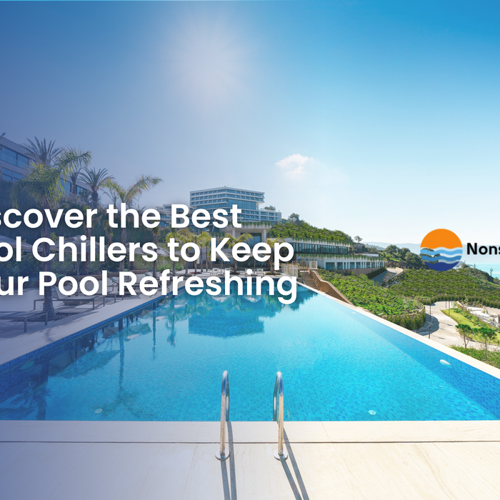 Infinity pool with ocean view and resort backdrop, overlaid with text: “Discover the Best Pool Chillers to Keep Your Pool Refreshing.”