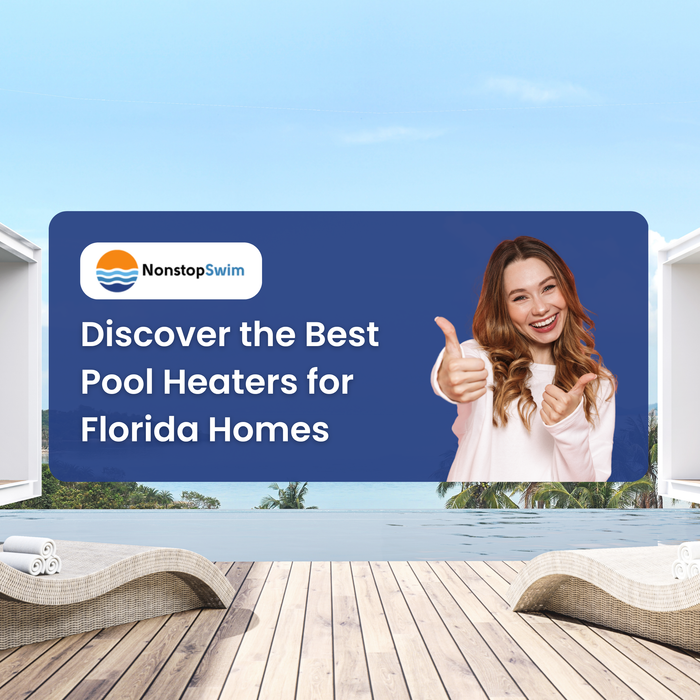 A cheerful woman gives two thumbs up in a pop-up, with a luxurious outdoor living space and pool in the background, promoting "Discover the Best Pool Heaters for Florida Homes."