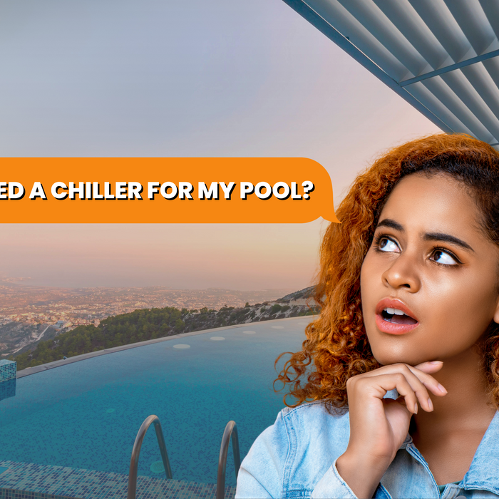 Woman thinking beside an infinity pool at sunset with the text “Do I Need a Chiller for My Pool?” in an orange speech bubble.