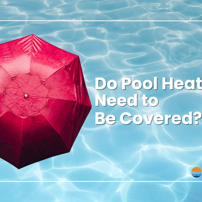 A pink umbrella floats on shimmering blue water, with a text box asking "Do Pool Heaters Need to Be Covered?".