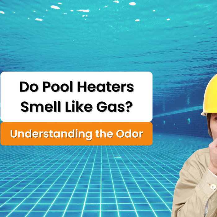 A man in a hard hat pinching his nose in a blue, tiled pool, with text asking "Do Pool Heaters Smell Like Gas?".