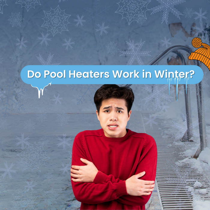 A shivering person in a red sweater stands by a snow-covered pool with a winter hat, asking "Do Pool Heaters Work in Winter?".