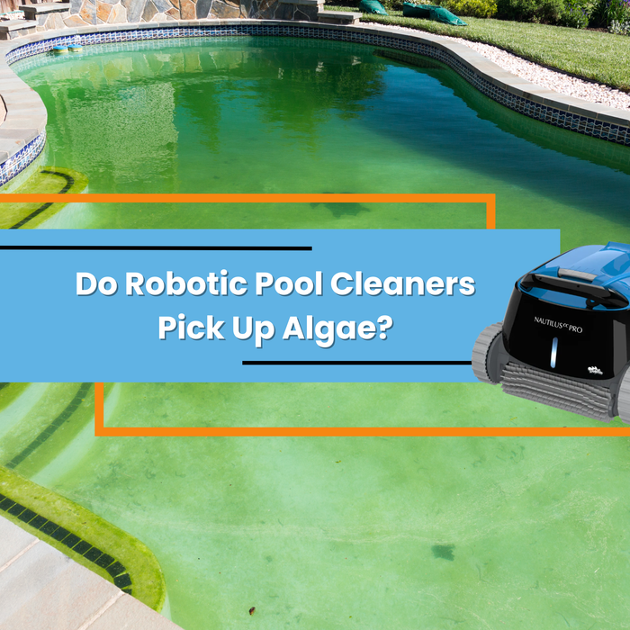 A dirty green swimming pool with algae growing on the bottom and sides, with a blue robotic cleaner. Text: "Do Robotic Pool Cleaners Pick Up Algae?".