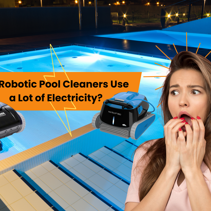 A shocked woman looks at two robotic pool cleaners and a lightning bolt icon, asking "Do Robotic Pool Cleaners Use a Lot of Electricity?".