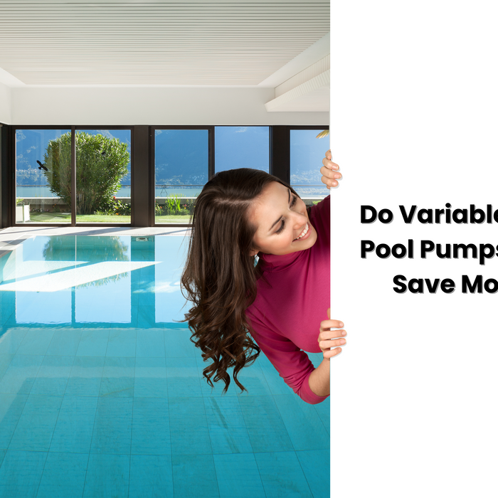 A happy woman in a pink shirt points at text asking "Do Variable Speed Pool Pumps Really Save Money?" over a serene indoor pool.
