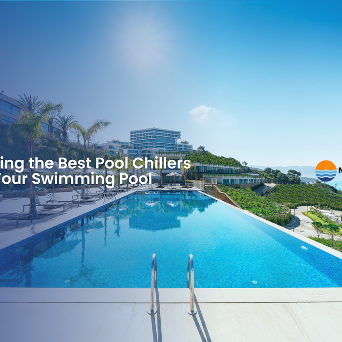 Infinity pool with ocean view and resort backdrop, overlaid with text: “Discover the Best Pool Chillers to Keep Your Pool Refreshing.”