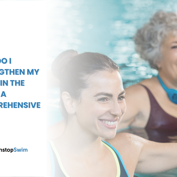  Two smiling women, one younger and one older, are partially submerged in a pool. Text: "How Do I Strengthen My Knees in the Pool?"