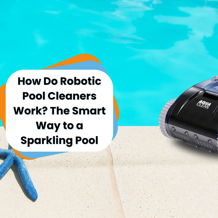 A blue robotic pool cleaner with "AQUA CLEAN" written on it sits at the edge of a pool with blue water.