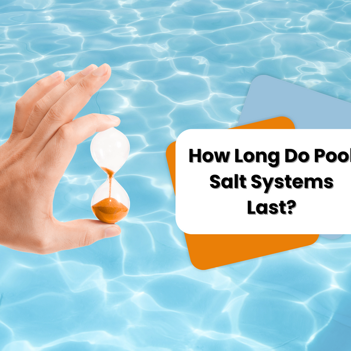A hand holds an hourglass above shimmering blue water, posing the question "How Long Do Pool Salt Systems Last?".
