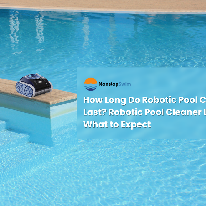 A black robotic pool cleaner rests on the first step of a pool, with text asking "How Long Do Robotic Pool Cleaners Last?".