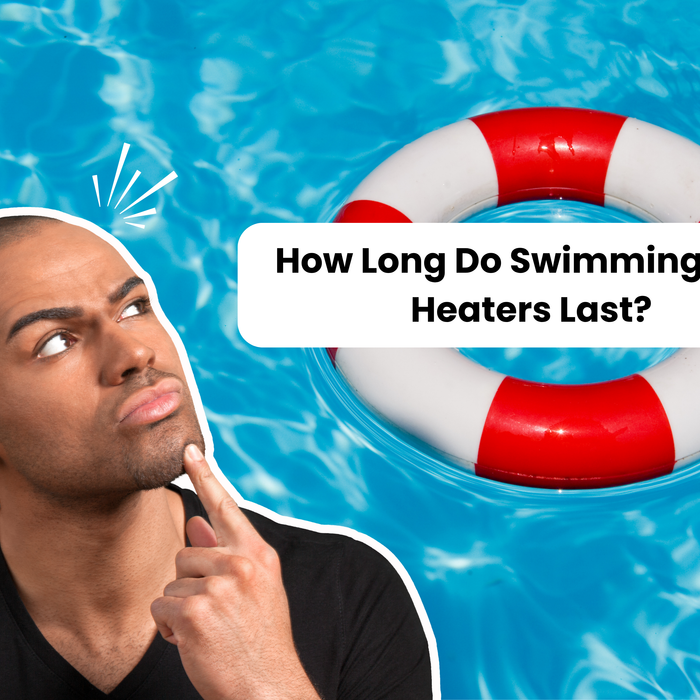 A person looks up, pointing, with a life preserver floating in a pool. Text asks: "How Long Do Swimming Pool Heaters Last?".