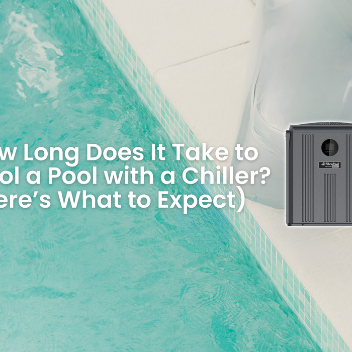 A gray pool chiller unit sits next to a pool with text asking "How Long Does It Take to Cool a Pool with a Chiller?".