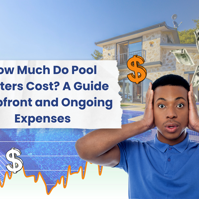 A man looks shocked with hands on his head as money floats around a house with a pool and financial charts.