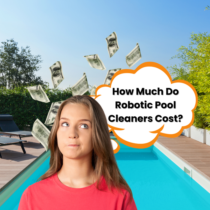 A thoughtful woman looks up, with money falling around her, questioning the cost of robotic pool cleaners.