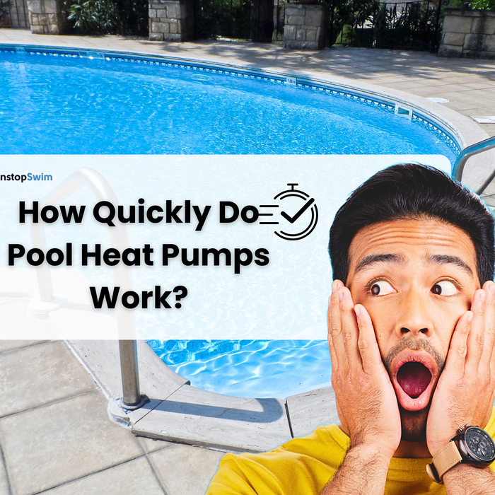 A man with a surprised expression and hands on his face looks up at a pool, with text asking "How Quickly Do Pool Heat Pumps Work?".