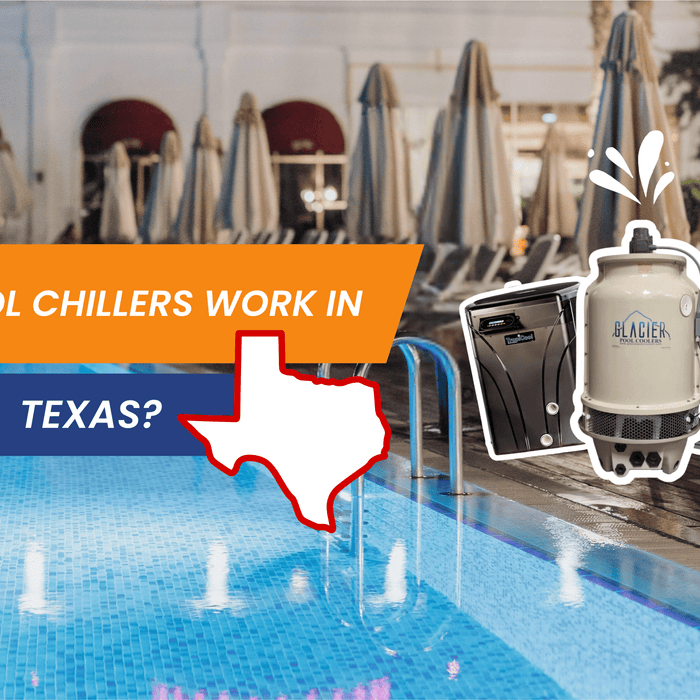 A graphic of Texas state and some chillers head of a pool background and text reading "Do Pool Chillers Work in Texas?"