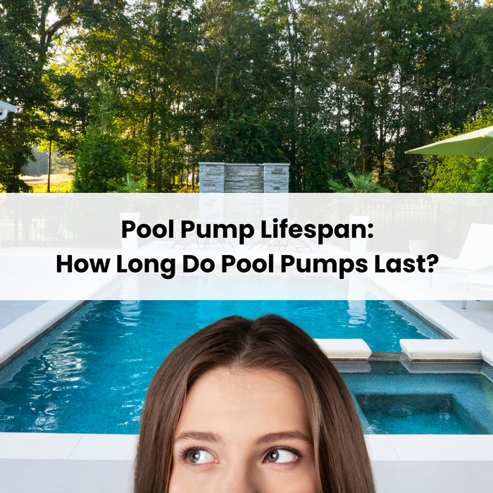 A thoughtful woman looks up at text asking "Pool Pump Lifespan: How Long Do Pool Pumps Last?", with a pool and house in the background.