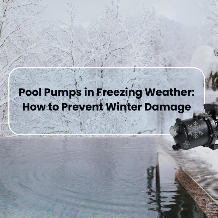 A black pool pump covered in snowflakes sits near a snowy pool, with text "Pool Pumps in Freezing Weather: How to Prevent Winter Damage".