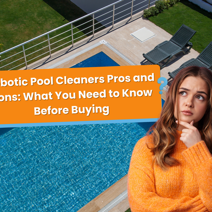 A pensive woman looks at a pool and a large question mark, with text about the pros and cons of robotic pool cleaners.