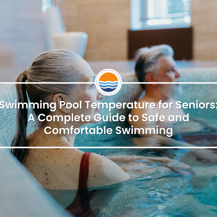 Elderly man and woman relaxing in a heated indoor pool, with text overlay discussing safe swimming pool temperatures for seniors.