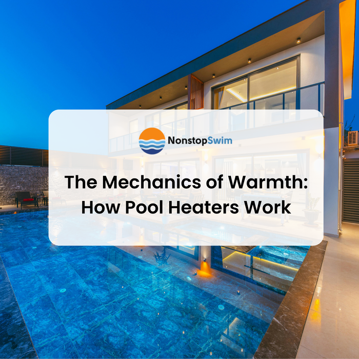 A luxurious modern house with an illuminated pool at dusk. Text: "The Mechanics of Warmth: How Pool Heaters Work".