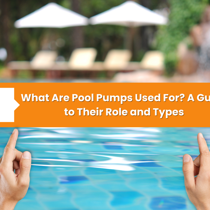 Two hands point upwards to an orange text box with white text: "What Are Pool Pumps Used For? A Guide to Their Role and Types".