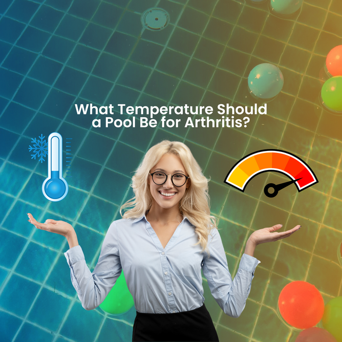 A smiling woman in business attire holds up a cold thermometer and a warm temperature gauge, asking "What Temperature Should a Pool Be for Arthritis?".