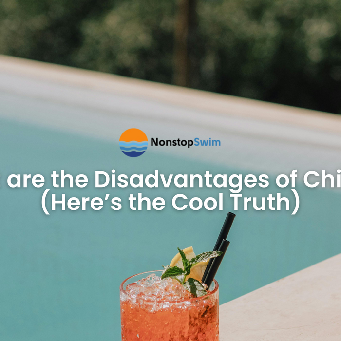 Iced drink with mint and fruit garnish beside a pool, overlaid with text: “What are the Disadvantages of Chillers? (Here’s the Cool Truth)”.