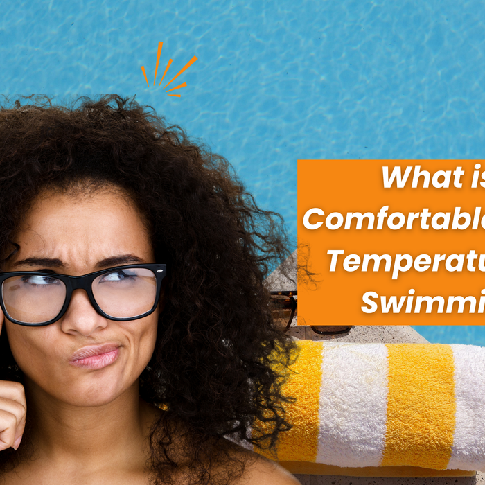 Curious woman by a swimming pool with a towel, thinking, next to text asking about comfortable water temperature for swimming.