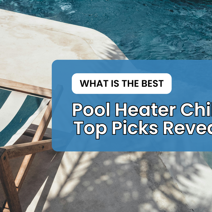 A sun lounge chair by a blue swimming pool, with a question mark in a blue box asking "What is the Best Pool Heater Chiller? Top Picks Revealed".