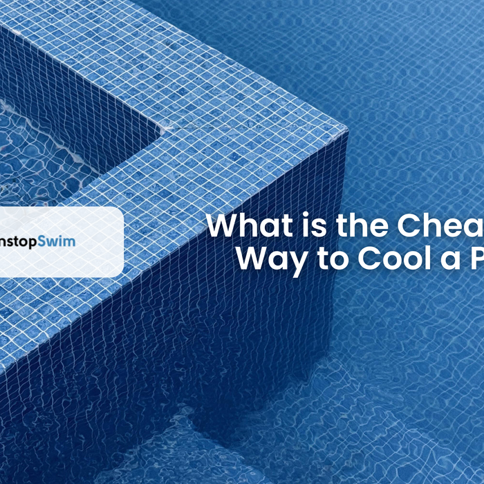 A bright blue swimming pool with steps, featuring text "What is the Cheapest Way to Cool a Pool?".