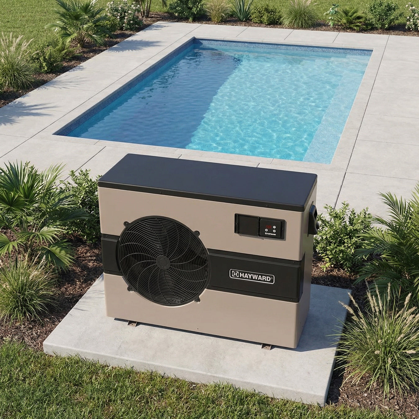 Swimming pool heater by a rectangular pool