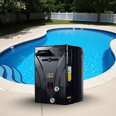 Pool heater in front of a swimming pool with trees and a white fence in the background