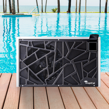 Pool heater on a wooden deck with a pool and palm trees in the background