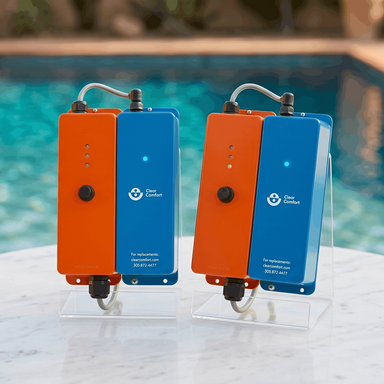 Two Clear Comfort CCW100 AOP cartridges on a white table by a pool
